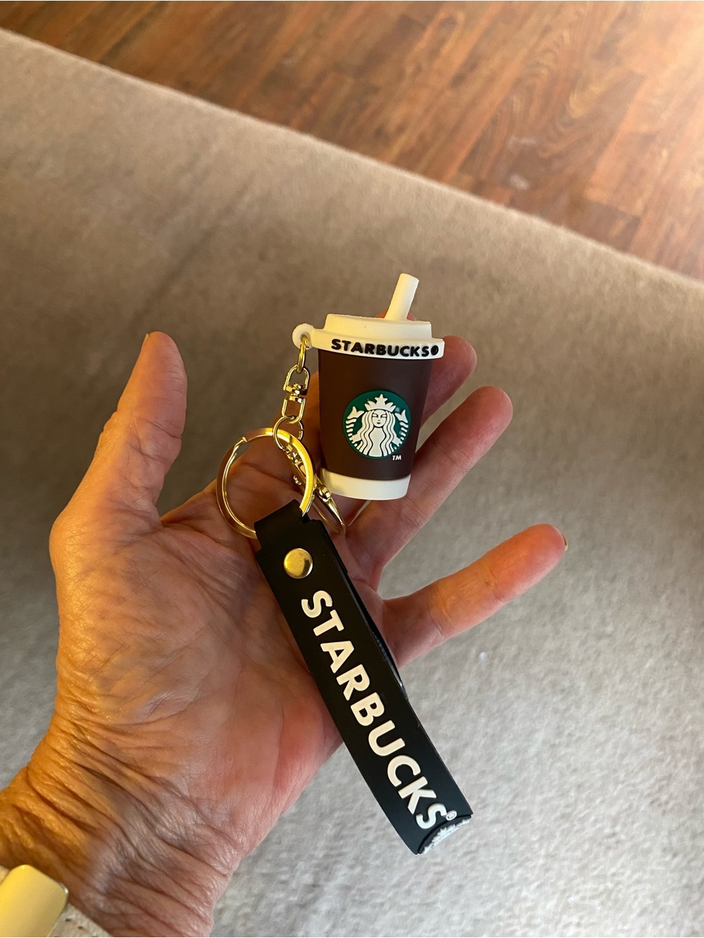 Starbucks Brown and White Mini Cup Keychain with Black Logo Strap